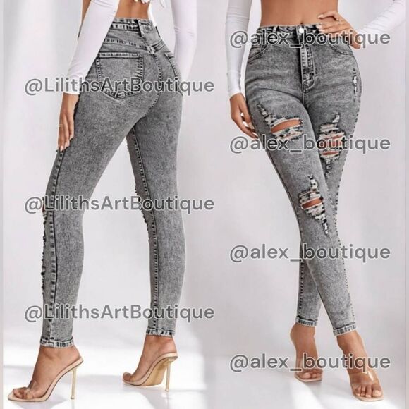 SHEIN Denim - SHEIN High Rise Ripped Skinny Jeans(A007)-Size S (4/27) for Women